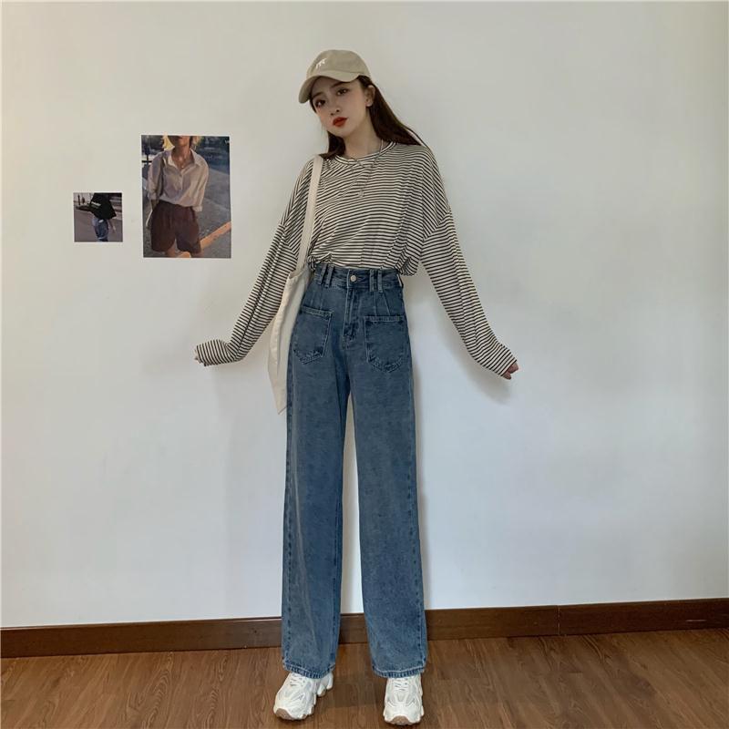 Wide Leg High Waist Hong Kong Flavor Jeans Female Korean Version Loose Spring and Autumn Retro Straight-leg Pants Trendy Thin and Wild High Trousers