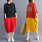 WTEMPO Plus Size Women Dress Summer Turn-down Collar Long Dress Casual Mid-calf Length Color Block Button