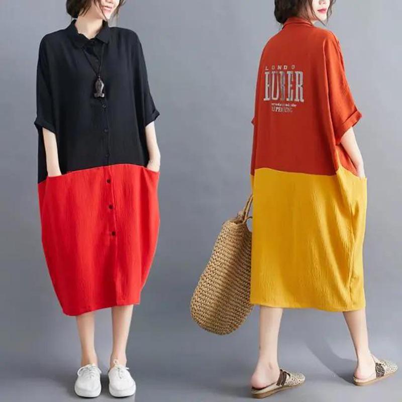 WTEMPO Plus Size Women Dress Summer Turn-down Collar Long Dress Casual Mid-calf Length Color Block Button