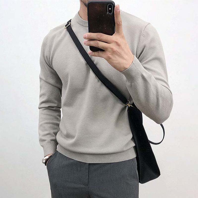 5 Color White Round Neck Sweater Men's 2021 Autumn and Winter New Thick Warm Slim FIT Pullover Knit Sweater Clothes