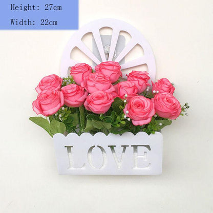 Wall Hanging Fake Flower Shelf Home Wall Decoration Pendant Simulation Rose Silk Flower Set Basket Plastic Fence Living Room