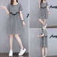 Plaid Lace Skirt S-XXXL Summer Cotton Neckline Round Short-sleeved Knee-length A-line Dress
