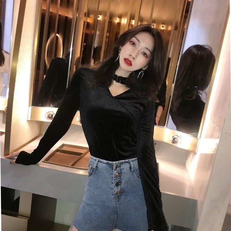 Pofulove V-neck Sexy Long Sleeve Gold Velvet T-Shirt Black Sweater Women Retro Slim Slim Deep