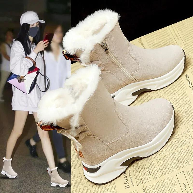 Inner Heightening Snow Boots Women Winter Cold-resistant Plus Cashmere Casual Short Boots Warm Thick-soled Cotton Shoes