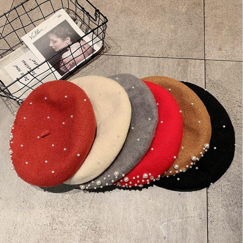 Women's Wool Beret Autumn Casual Pearl Rivet Solid Color Beret