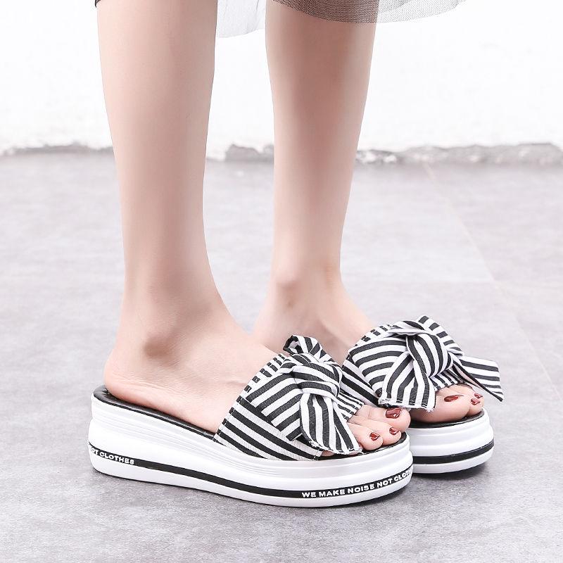 Slippers women wear fashionable all-match summer Ribbon muffin thick bottom chic sandals High heel