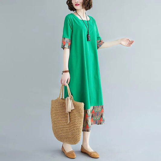 Summer Ethnic Style Print Short-sleeved Dress Large Size Loose Mid-length Dress Women