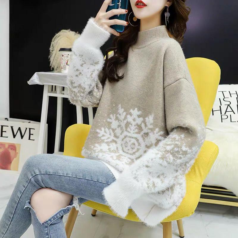 Pofulove Red Christmas Loose Sweater Pullover Female Waterproof Mink Velvet Base Thick Korean Students Autumn and Winter New