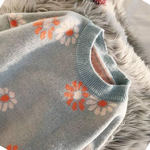 Style Flower Knit Cardigans Sweater Women O-Neck Loose Elegaht Thicked Pull Femme Print Short Casual Pullover Autumn Winter Women Knitted Sweater
