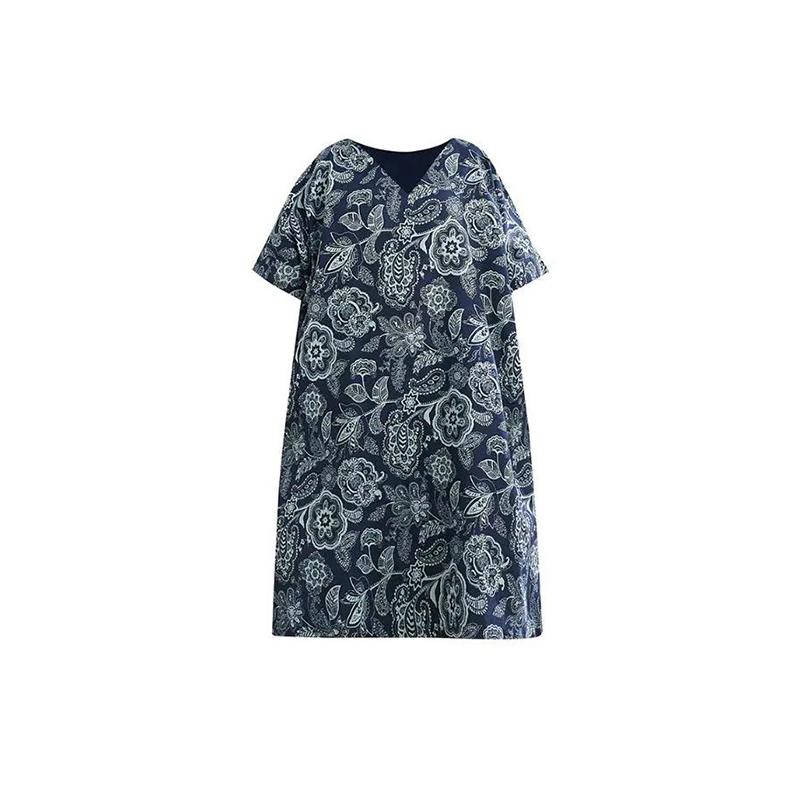 WTEMPO Plus Size Women Dress Summer V-neck Solid Color Long Dress Casual Mid-calf Length Print Dress