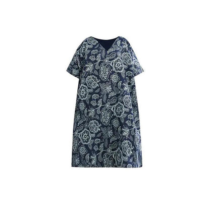 WTEMPO Plus Size Women Dress Summer V-neck Solid Color Long Dress Casual Mid-calf Length Print Dress