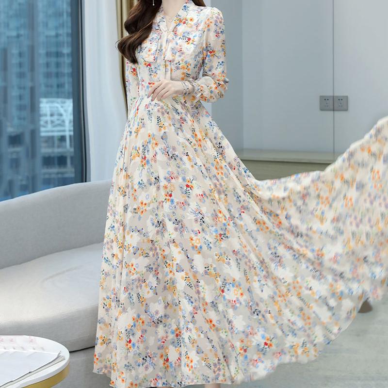 Jacquard V-neck Long-sleeved Dress Spring and Autumn Style Temperament Waist Slimming Slim Bow Long Dress Women's Fabric Light and Breathable