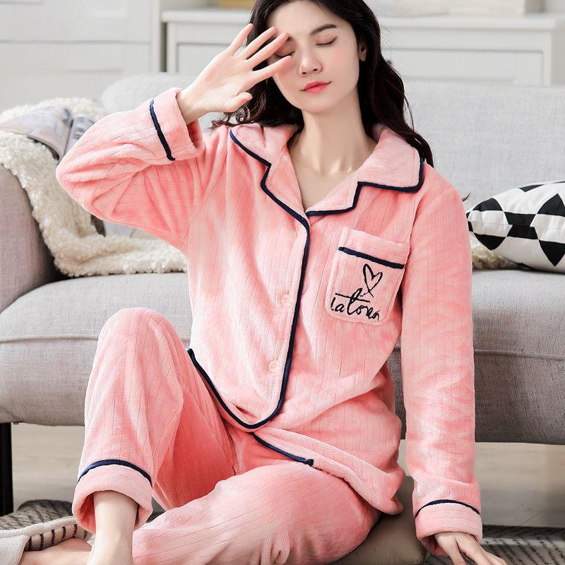 Female Flannel Pajamas Cute and Sweet Two-piece Plus Velvet Thick Coral Fleece Suit Casual Home Wear Warmth Thick and Washable