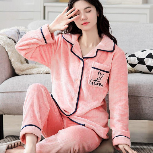 Female Flannel Pajamas Cute and Sweet Two-piece Plus Velvet Thick Coral Fleece Suit Casual Home Wear Warmth Thick and Washable