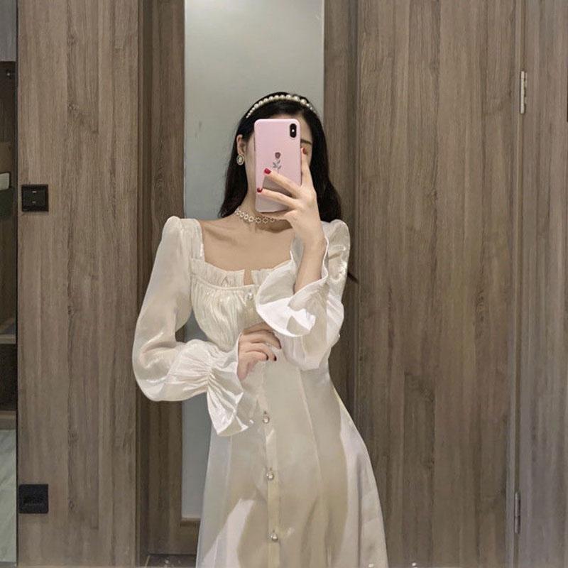 Hepburn Style Sweet and Salty Dress Mid-length Fairy Skirt Gentle White Long Skirt Ankle Fairy Tale