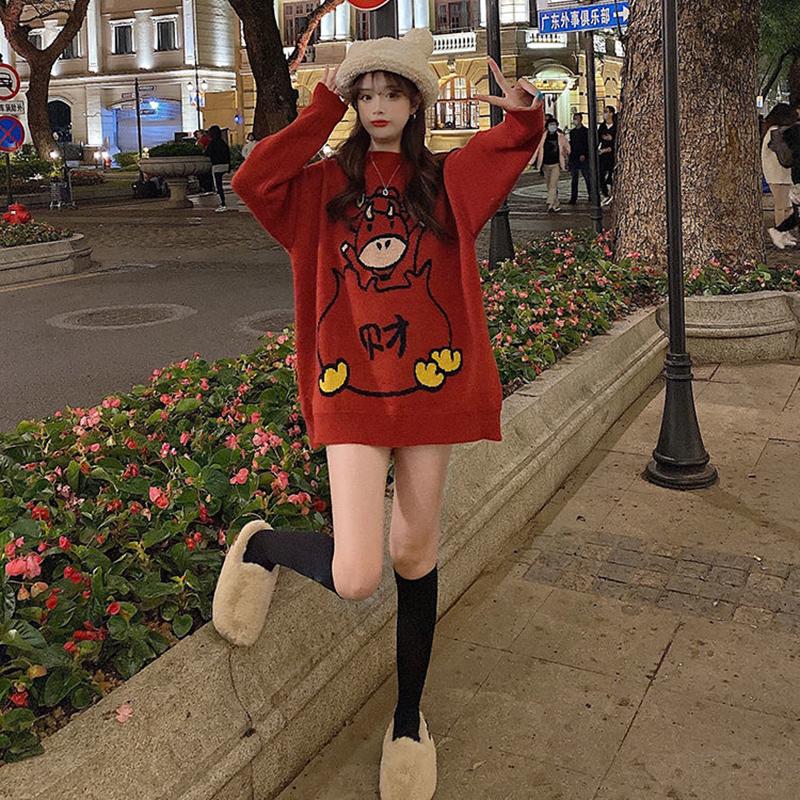 Outer Wear Printed Sweater Loose Casual Fashion Round Neck Long Sleeve Women All-match Red Knit Sweater Sweater Women Autumn Winter