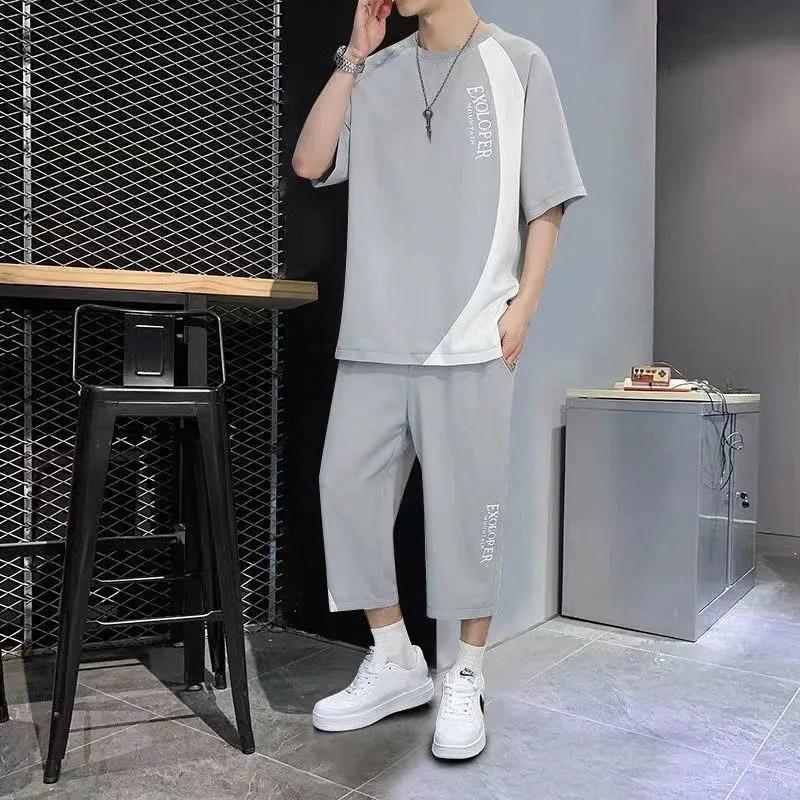 Summer Short-sleeved T-shirt Suit Men's Trend Youth Casual Sports Cropped Two-piece Set