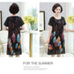 Women's Summer Dress  Middle-aged and Elderly Women's Summer Dress Large Size Chiffon Print Round Neck Short Sleeve Skirt