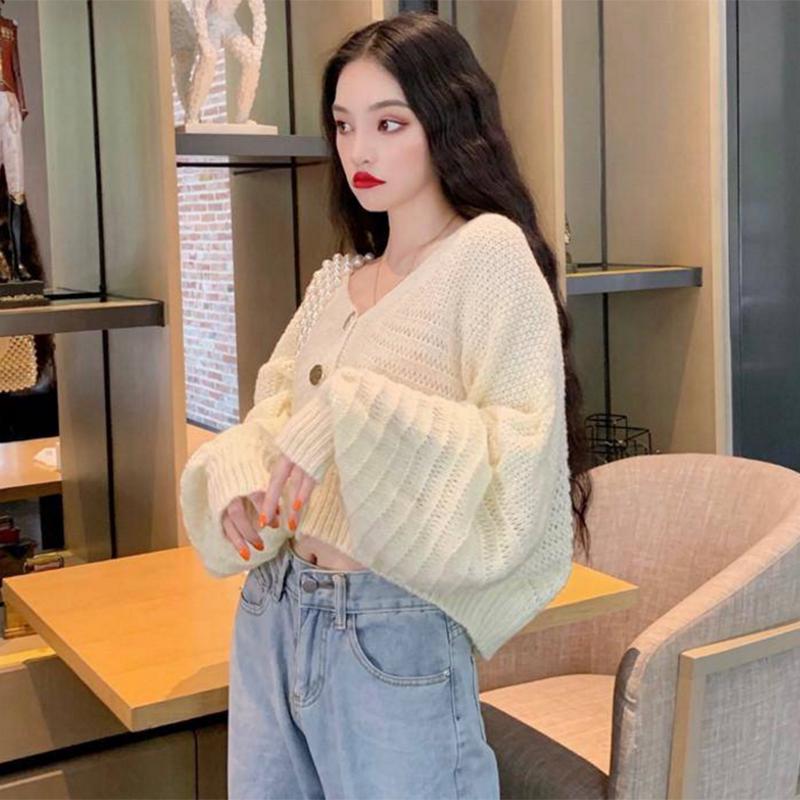Pofulove lazy wind sweater female loose student wild long-sleeved cardigan hollow knitted jacket