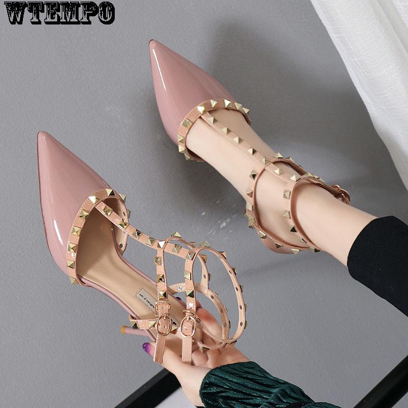 Shallow Mouth Fashion Lace Sandals Women's Fine Heels Rivet Pointed Shoes Sexy Sneakers
