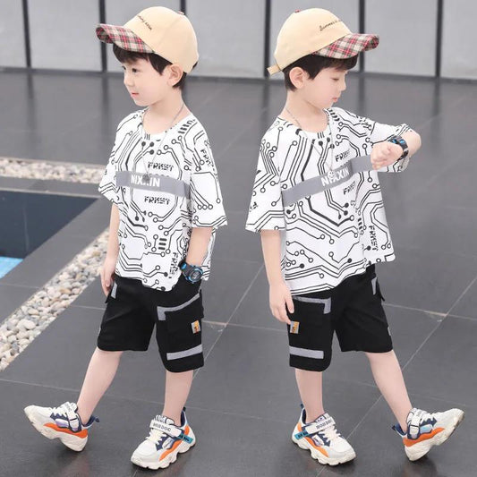2-piece Children's Summer Clothing Suit Boy T-shirt + Pants Casual 6 8 10 12 13 14-year-old Children's Clothing Casual Sports Current Suit