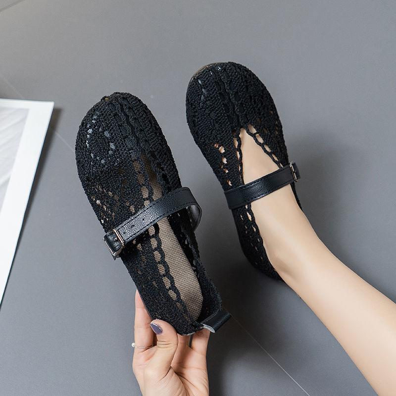 Cloth Shoes Women's Flat Shoes with Hollow Holes Sandals Non-slip Peas Shoes Women's Casual Buckle Comfortable Flat Shoes