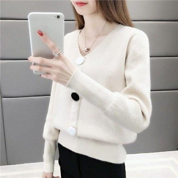 Spring and Autumn V-neck Low-neck Sweater Pullover with Short Bottoming Shirt Casual All-match Female Top