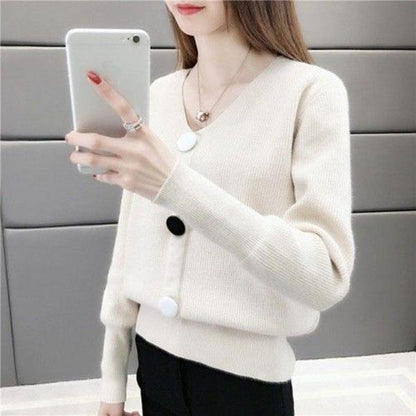 Spring and Autumn V-neck Low-neck Sweater Pullover with Short Bottoming Shirt Casual All-match Female Top