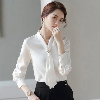 Women's Spring Autumn Long Sleeve Shirt Chiffon V-Neck Solid Color Top