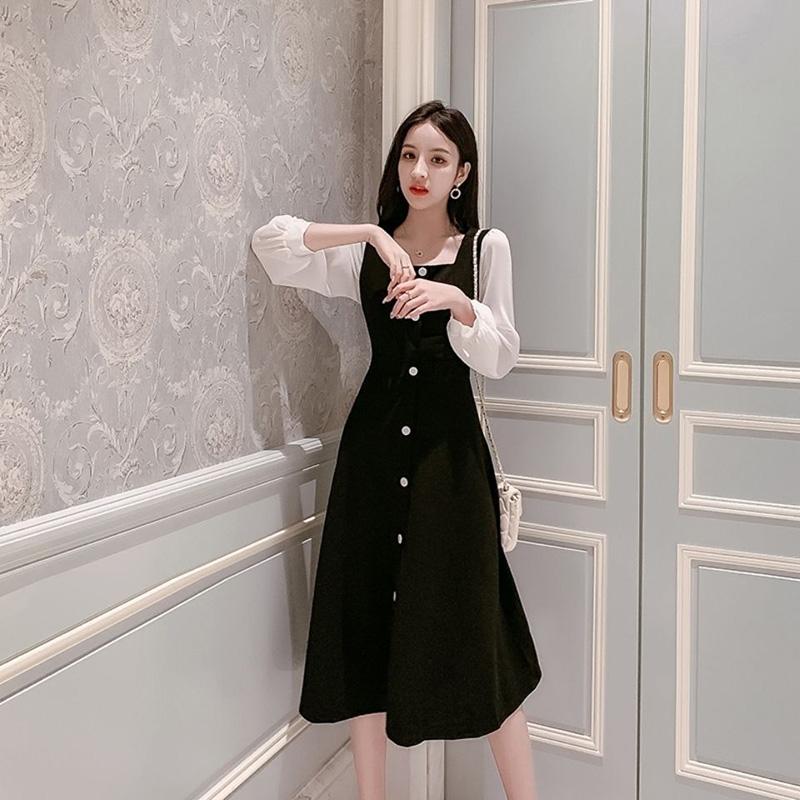 Ladies' Retro Temperament, Small Incense Wind Receiving Waist Thin Mid-length Dress Female Black and White Stitching Long Sleeve Dress