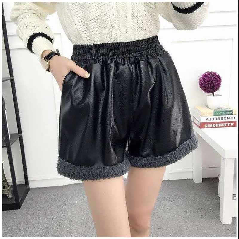 Leather Bottoming Women's Winter Stitching Lamb Wild Burrs Korean Version of PU Leather Pants Tide Thin Shorts Boots Pants