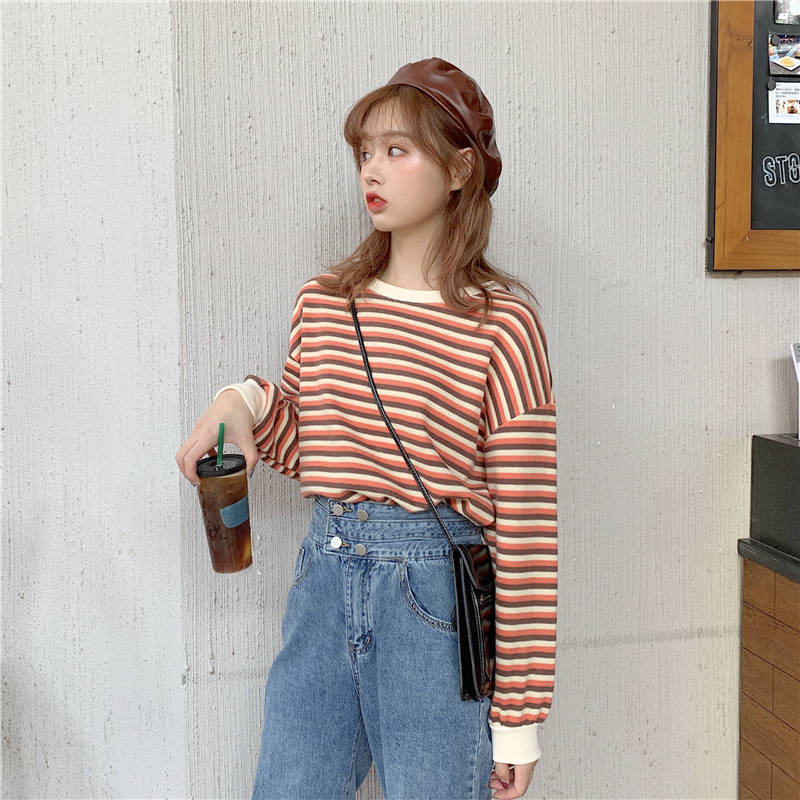 Women Stripe Print Long Sleeve Round Neck T-Shirt Top Summer Fall Lady Casual Pullovers
