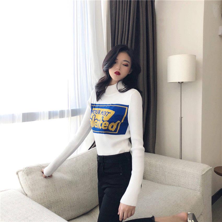 Individual Letters Print Bottoming Shirt Women's Tight Pullover Long-sleeved Wild Sweater