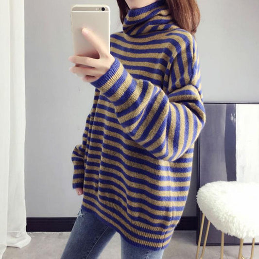 Pullover Lazy Striped Sweater Women Autumn and Winter Korean Knit Bottoming Shirt Loose Turtleneck Thick