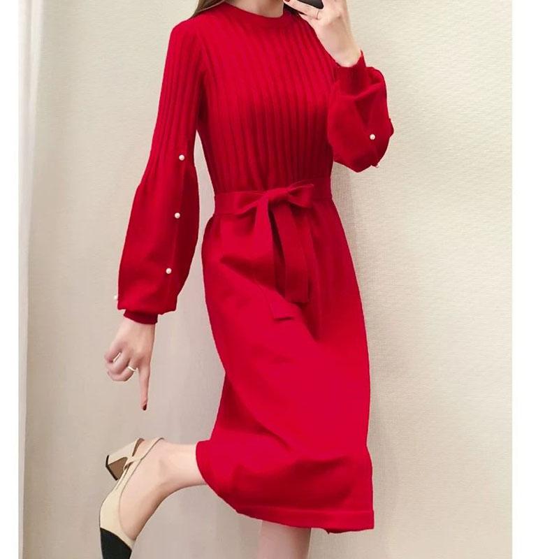 Autumn and Winter Long Solid Color Sweater Knitted Lantern Sleeve Dress Fashion Simple Women Sweater Dress
