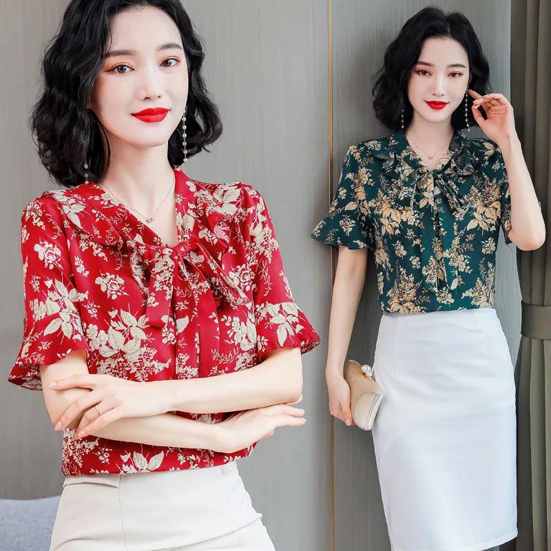 Women's Summer Short Sleeve Chiffon Shirt Loose Floral Top