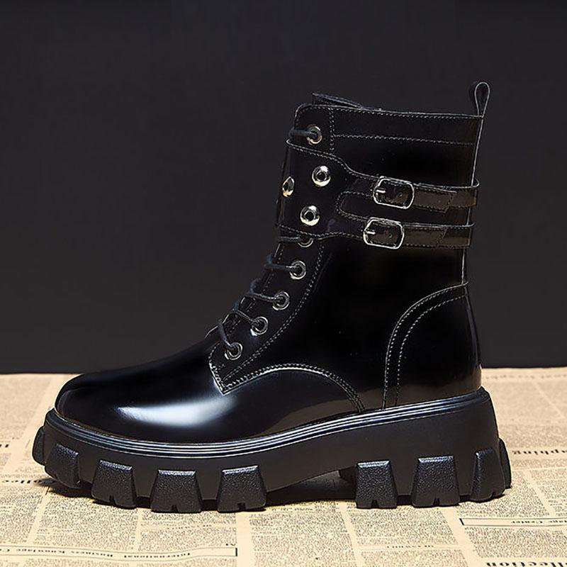 Women's Boots British Style Autumn and Winter Plush Platform Women's Boots All-match Thick-soled Patent Leather Handsome Short Boots