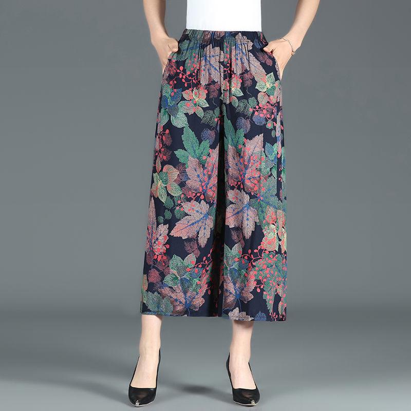 XL-4XL Spring High Waist Wide Leg Pants Summer Loose Large Size Thin Culottes Elastic Waist Printed Cropped Pants
