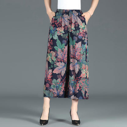 XL-4XL Spring High Waist Wide Leg Pants Summer Loose Large Size Thin Culottes Elastic Waist Printed Cropped Pants
