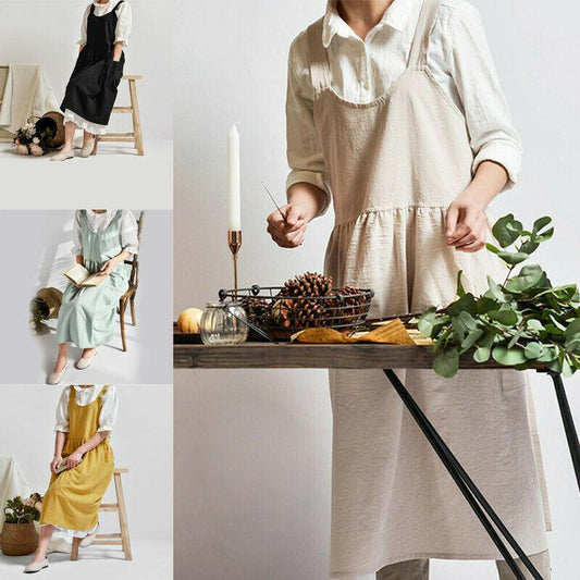 Handmade Linen Apron Kitchen, Linen Crossback Apron with Pockets, Linen Pinafore Apron