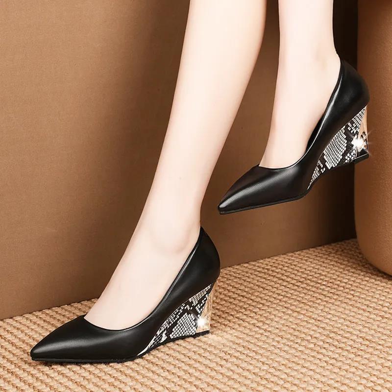 Spring Women's Shoes Pointed Toe High Heels Work Shoes High Heel Wedge Pumps Single Shoes