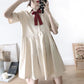 Colorful Cute Sweet Girl Bow Ruffle College Style Age Reduction Looser  Short Sleeve Dress