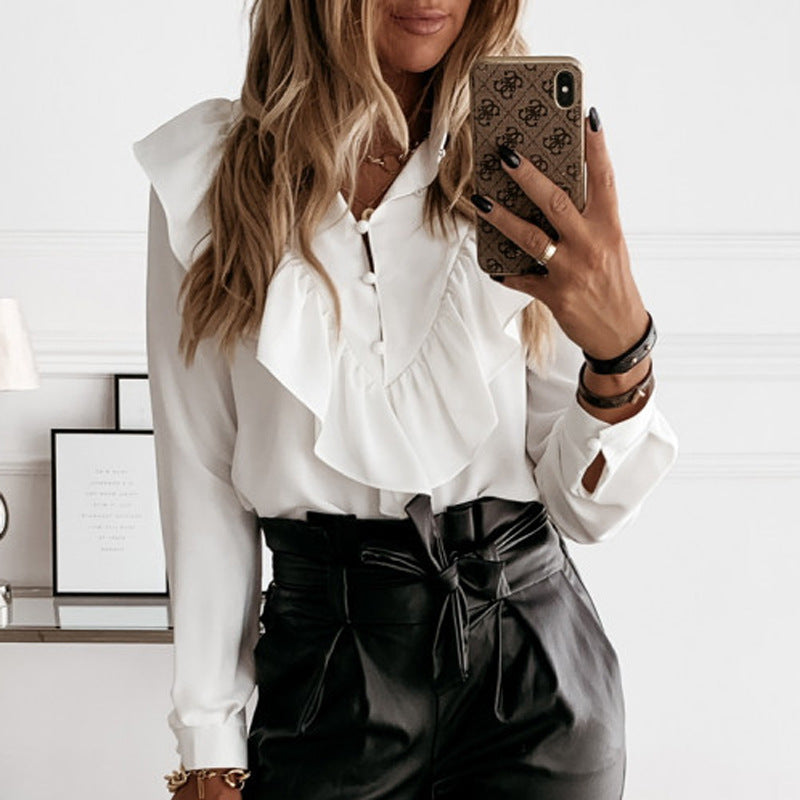 Womens Elegant Ruffle Blouse Shirts Polka Dot Leopard Blouses Femme 2022 Summer V-Neck Long Sleeve Casual Tops Dropshipping