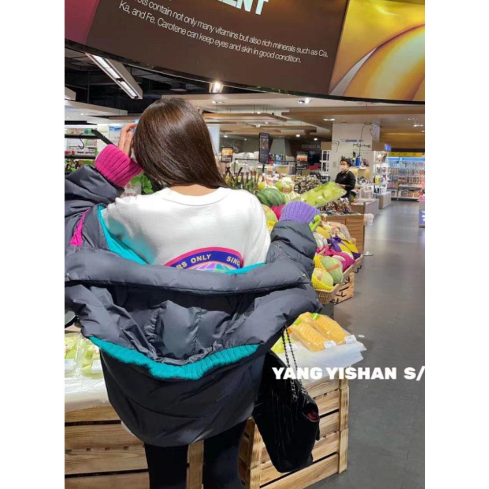 European Goods C Letter Knitted Cuffs Bread Down Jacket Women Winter Short White Duck Down Hooded Thick Loose Jacket