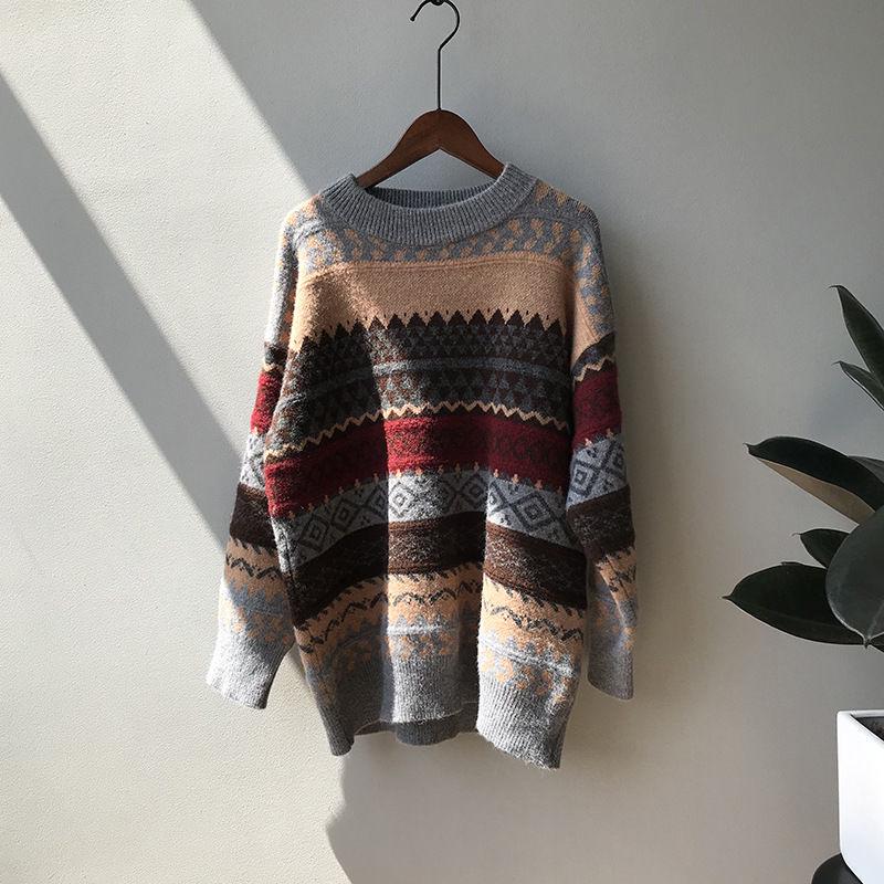 Vintage Geometric Pattern printed Sweater Women Loose Casual Pullover Sweater Top Students All-match Knitwear Outer Wear