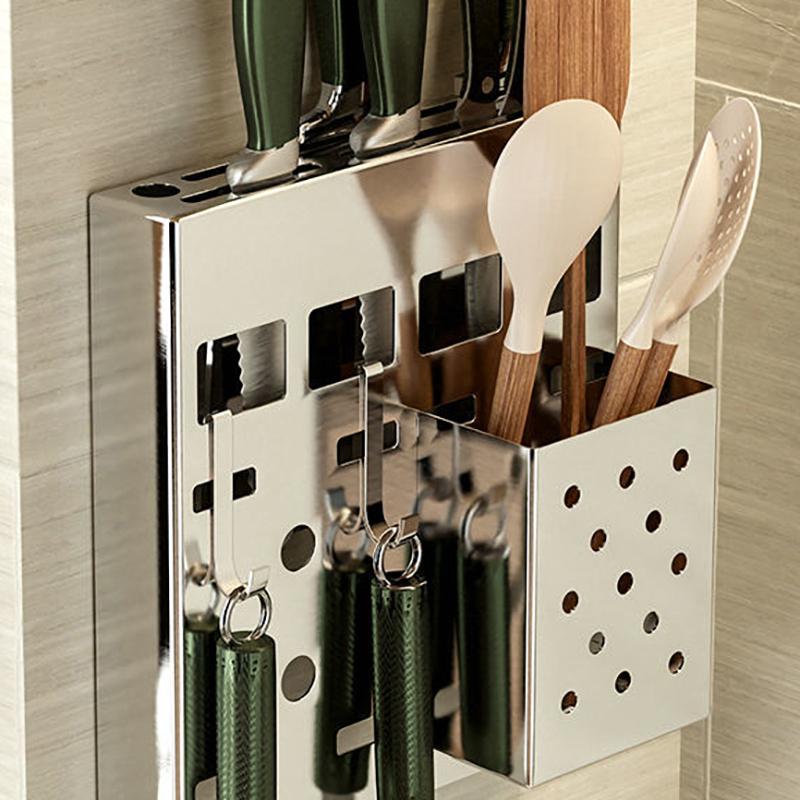 Stainless Steel Multi-function Knife Holder Perforated Kitchen Rack Knife Holder Wall-mounted Storage Chopstick Tube Cutting Board Rack
