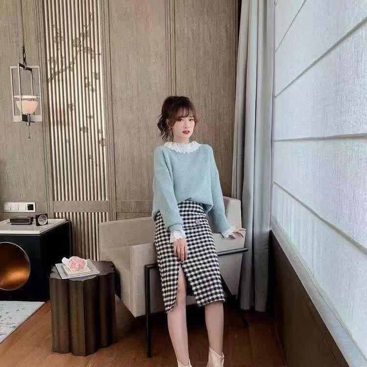 Pofulove Girly Winter Lace Crew Neck Knitwear Skin-friendly High Elasticity Women Pullover Sweater