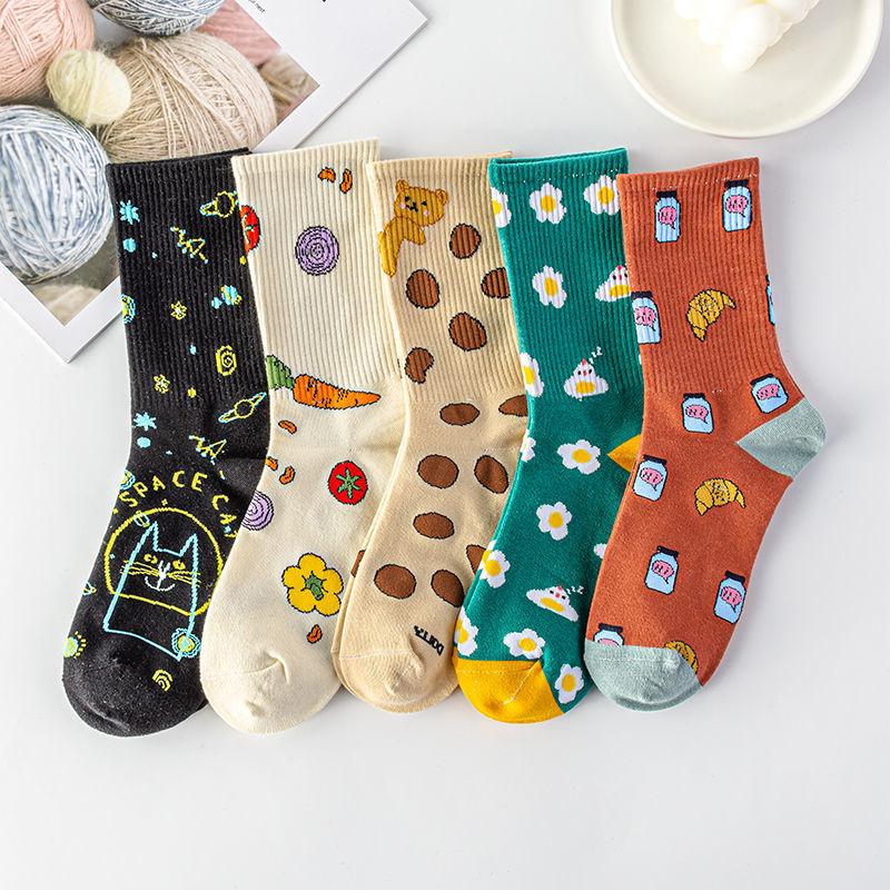 Five Pairs of Women's Socks Fashion Print Cartoon Pattern Socks Winter Thick Warm Pile Pile Socks