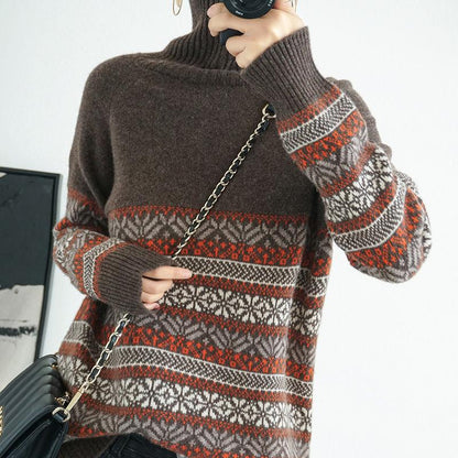 Autumn and Winter Turtleneck Sweater Women's Pullover Thickened Outer Wear Loose Large Size Jacquard Urban Women Base Sweater
