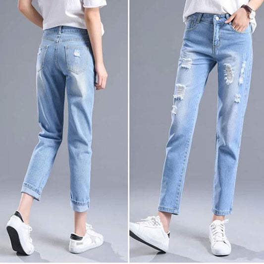 WTEMPO Women's Ripped Jeans Loose and Slim Wide Leg Straight  Denim Big Pocket Trousers